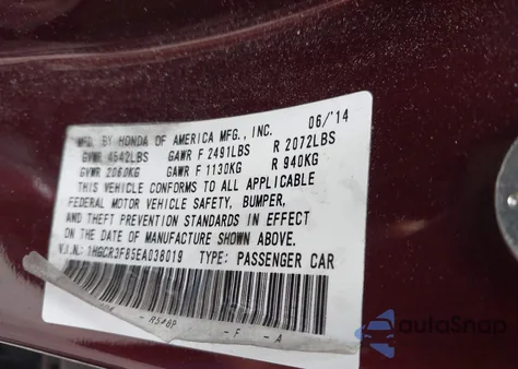 2014 Honda Accord Ex-L V-6 from USA, damaged, VIN 1HGCR3F85EA038019